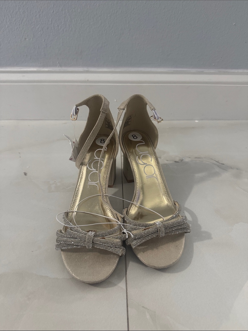 Gold Evening Block Heel Sandals with Bow